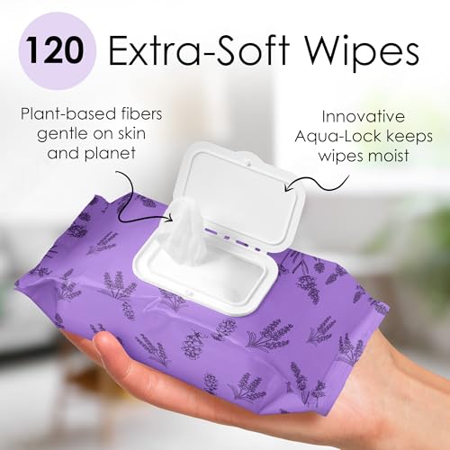 beautyfrizz lavender face wipes - 120 pcs - gentle makeup remover wipes for women - facial cleansing wipe with aloe castor vitamin a and e - extra soft - moisturizing