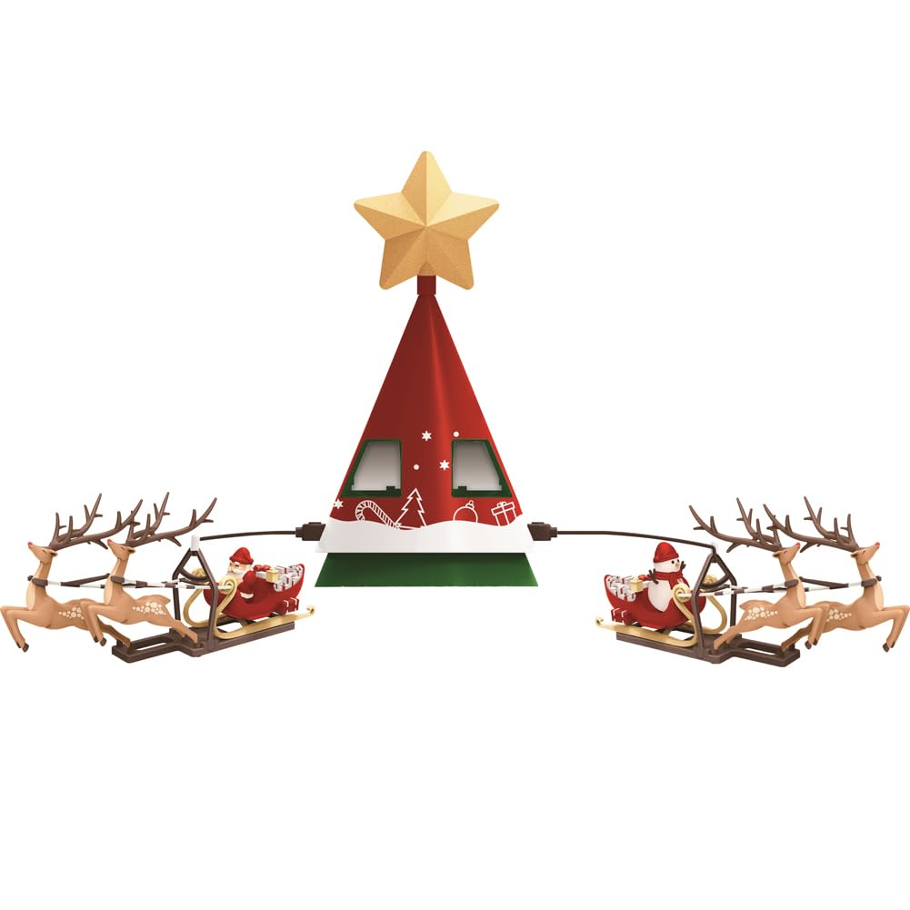 BAKAJI Embout Rotatif avec traîneaux de père Noël et Rennes, décoration de Sapin Lumineux avec lumières LED Blanc Chaud, décorations de Noël Musicales pivotantes avec Fixation USB