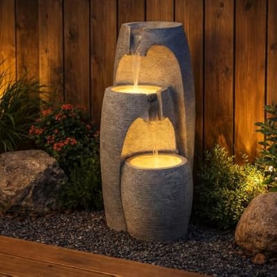 Teamson Home 3-Tier Cascading Urn Outdoor Water Fountain–Warm Glow Lighting with Adjustable Flow & Electric Pump, Gray