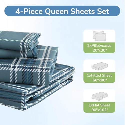 Image of MUXHOMO Queen Size 4 Piece Sheet Set, Soft & Breathable Sheet with Deep Pocket Up to 16 inch, Wrinkle-Free & Cooling Bed Sheet with Flat Sheet, Fitted Sheet & Pillowcases - Grayish Green Plaid