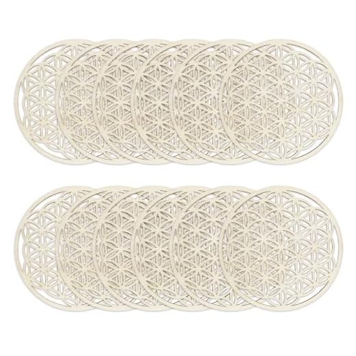 12PCS Fleur de Vie Dessous de Verre Bois, Fleur de Vie en Bois Élégants 10cm de Diamètre pour Méditation et Décoration Maison, Parfaits pour Salle à Manger et Recharge des Pierres