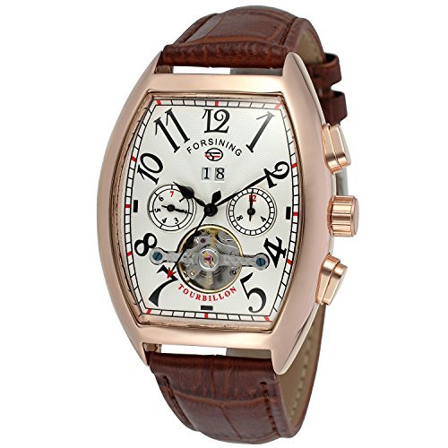 FORSINING Men's Automatic Self-Winding Rectangle Watch Calendar Genuine Leather Strap Tourbillon Watch
