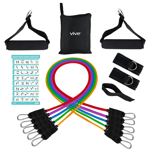 Vive Resistance Bands with Handles (11 Pcs) - Tube Rehab Band Set - Shoulder Pulley Door Anchor - 2 to 70 LBs Tension - Home Workout Elastic Fitness Equipment - Men, Women Training Therapy