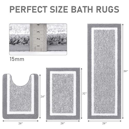 Pauwer Bathroom Rug Mat Set 3 Piece, Microfiber Shaggy Bath Set, Non-Slip Ultra Soft Carpet Mats, Absorbent with U-Shaped Toilet for Bathroom, Tub, Shower, Light Grey