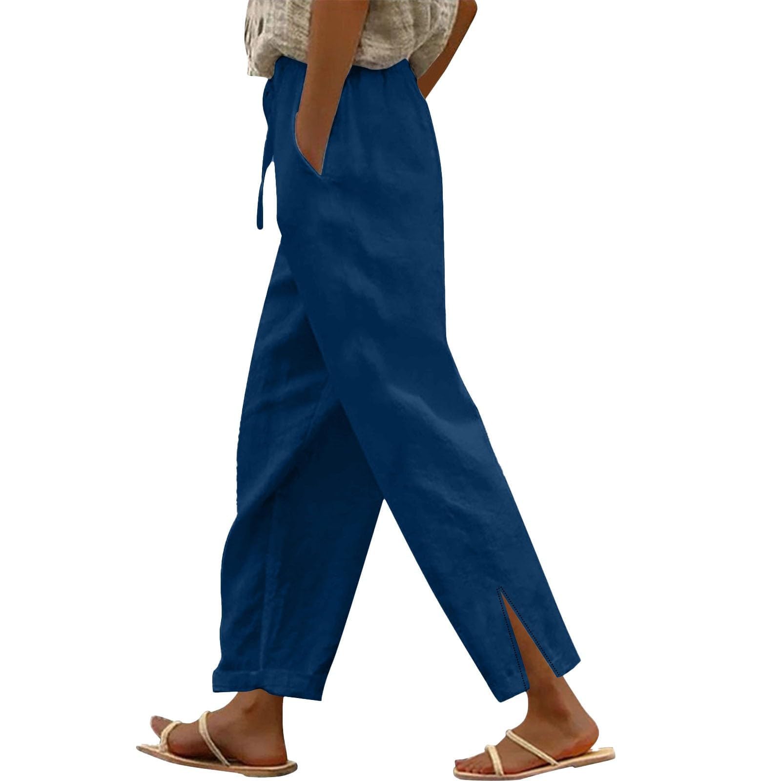 Linen Pants Women Straight Leg Casual Beach Pants 2025 Summer Lightweight Cropped Boho Pants with Pockets High Waisted Hiking Capri Pants Sports Comfy Athletic Pants Work Novelty Pants