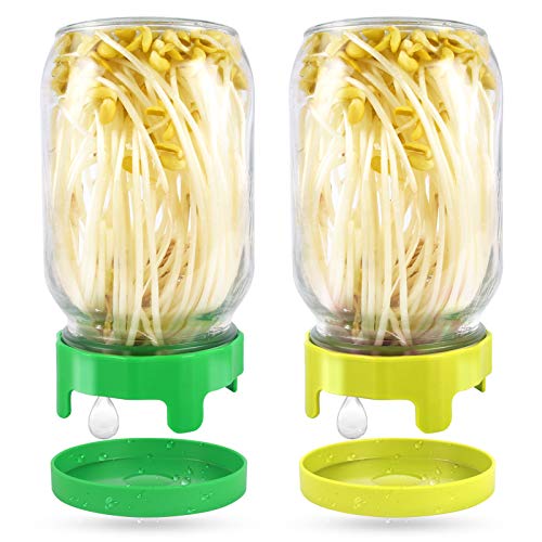 Sprouting Jars Kit Set,Wide Mouth Mason Jar with Plastic Sprouting Lids and Water Trays ,Set of 2,Seed Sprouting Kit for Growing Bean Sprouts,2 Color