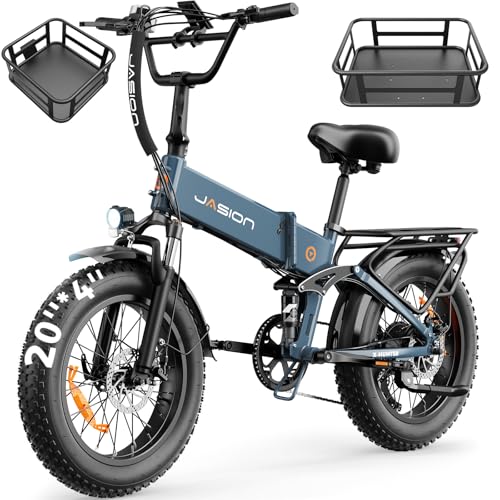 Jasion X-Hunter Foldable Electric Bike, 1400W Peak Motor, 30MPH Max Speed 70+ Miles, 48V 13AH Removable Battery, Full Suspension System, 20''*4.0 Fat Tire Ebike For Adults, 7-Speed Bicycle with Basket