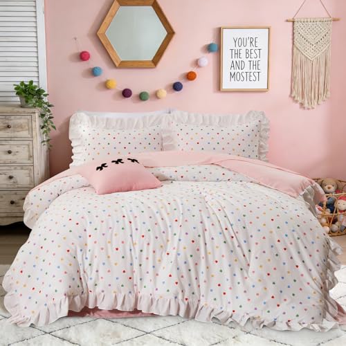 Image of A Nice Night Colorful Heart Love Pattern Bedding Set,Ruffle 6 Piece Bed in a Bag Matching Sheet Set,Princess Chic Style,White Comforter Sets Room Decor for Girls,Twin