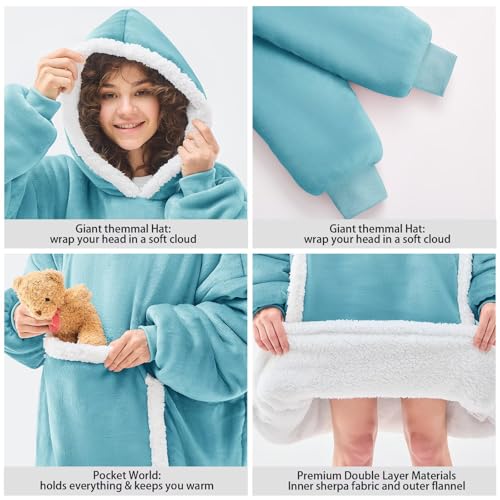 JOYWOO Turquoise Teal Wearable Blanket Hoodie, Oversized Cat Lovers Sweatshirt Blanket for Adult, Birthday Gifts for Women,Mom,Friend,Cozy Sherpa Hooded Blanket with Giant Pocket Teal Gifts,Standard