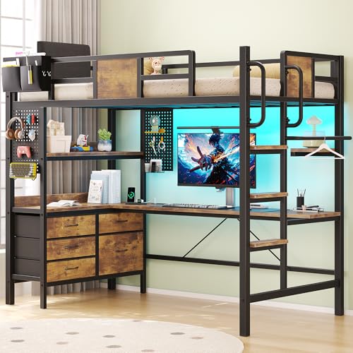 busyaeh Twin Loft Bed with Desk and Storage, Metal loft Bed with 5 Drawers and 2 Open Shelves, Heavy...