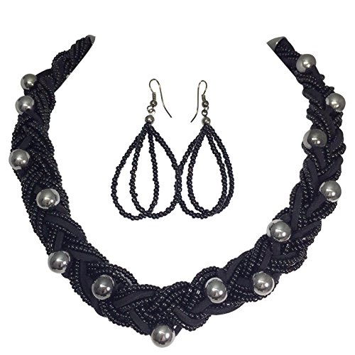 Gypsy Jewels Braided Multi Strand Beaded Statement Necklace & Earrings Set (Black & Gun Metal)