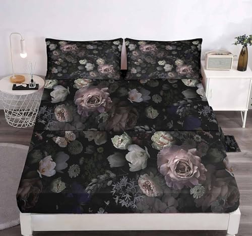 LUVIVIHOME 4PCS Gothic Black Floral Sheets Set, Queen Bed Sheet, Moody Victorian Botanical Pink Rose Peony Garden Aesthetic Goth Flower Bedding Set, 1 Fitted Sheet & 1 Flat Sheet with 2 Pillowcases