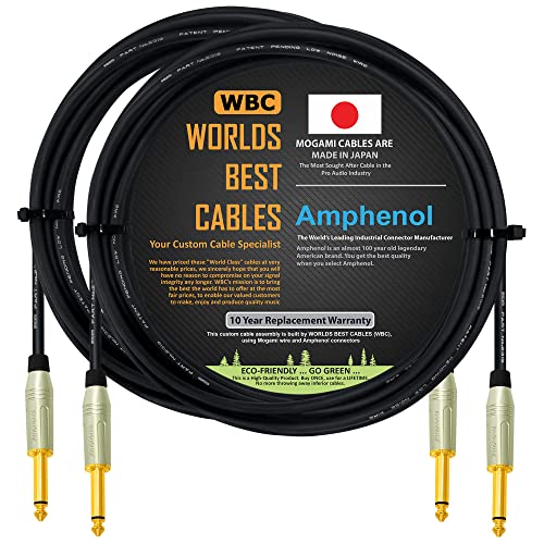 Worlds Best Cables 2 Units - 10 Foot - Pedal, Effects, Patch, Instrument Cable Custom Made Using Mogami 2319 Wire & Amphenol Acpm-Gn-Au M-Series Straight Gold Ts Plugs #TOP12