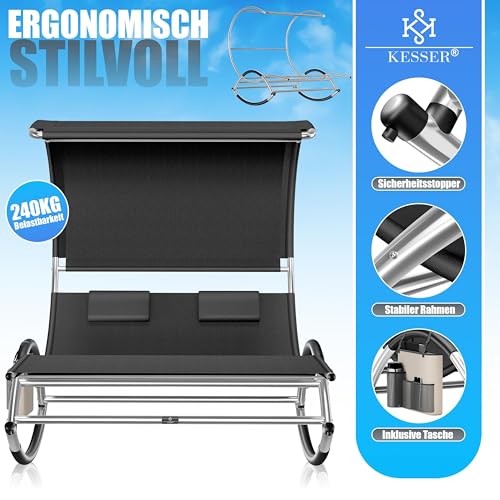 KESSER® Doppel-Sonnenliege Doppelliege mit Sonnendach, Kopfkissen Tasche für 2 Personen, Relaxliege, Gartenliege, Schaukelliege ergonomische Liegefläche, 240 kg Belastung, Seitentasche, Schwarz