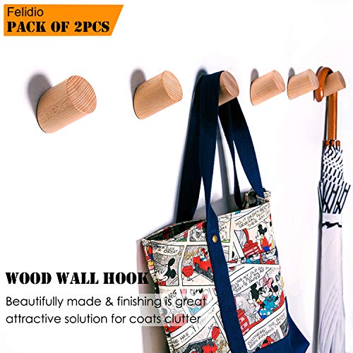 Felidio Wall Hooks, Natural Wood Coat Hooks Wall Mounted (2 Pack) - Rustic Wall Coat Rack Hat Hooks Robe Hook Entryway Wall Hangers Heavy Duty Hooks For Hanging Towels (Beech Wood) #TOP1