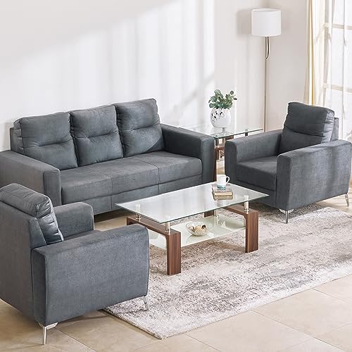 Image of Home Centre | Helios Vive | 5 Seater | Fabric|Solid Wood | Sofa Sets | Grey | Sofa Set 3+1+1 | 1 Year Warranty
