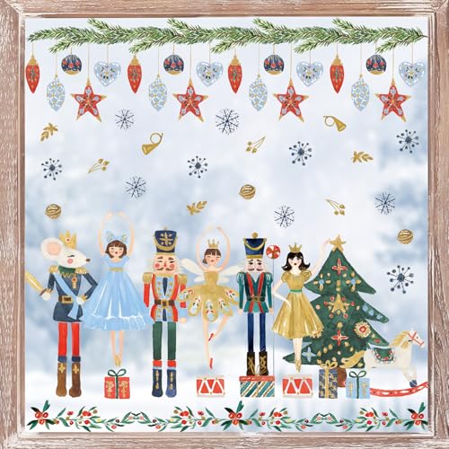 JarThenaAMCS 72Pcs Nutcracker Window Cling Stickers Christmas Watercolor Nutcracker Double-Sided Reusable Window Decals for Xmas Winter Party Home Office Classroom Decor, 4 Sheets