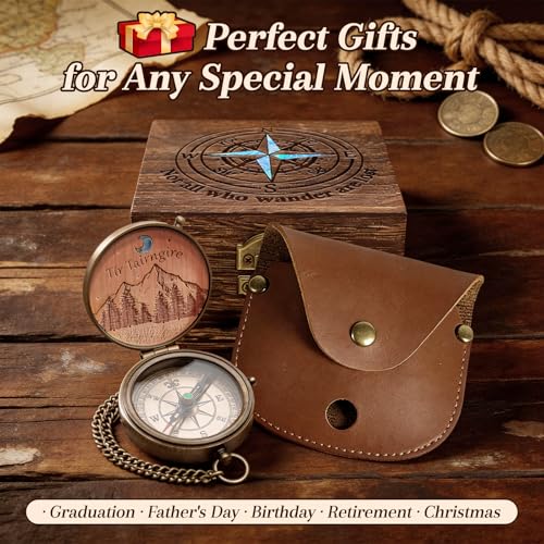 Brújula de bolsillo personalizada grabada con caja de madera, brújula vintage de latón con estuche de cuero PU, para camping, senderismo y pesca miniatura 6