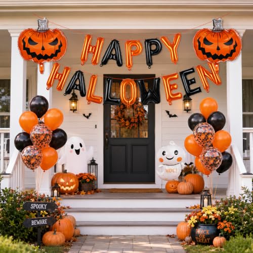 Image of Happy Halloween Balloons, Halloween Decorations Balloons, 14 PCS 16 inch Orange and Black Happy Halloween Letter Balloon with 2 PCS 24 inch Pumpkin Shaped Foil Balloon for Halloween Party Decorations Supplies
