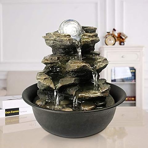xpiyaer 8.3" High 4-Tier Cascading Rock Falls Tabletop Water Fountain with LED Light & Spinning Ball - Indoor Small Waterfall Feature for Office, Home and Bedroom Desktop Decor Dark Grey Cover
