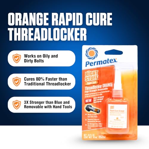Image of Permatex The Right Stuff Rapid Cure Orange Threadlocker 25251, Works on Oily & Dirty Fasteners, Automotive, Industrial & Hardware Use, Sets in 15m Cures in 4h, 10 ml