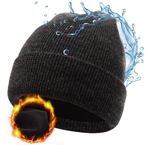 Waterproof Windproof Cuff Beanie Thick Warm Knit Winter Hat for Men Women Merino Wool Watch Cap for Cold Weather Slate Grey M/L