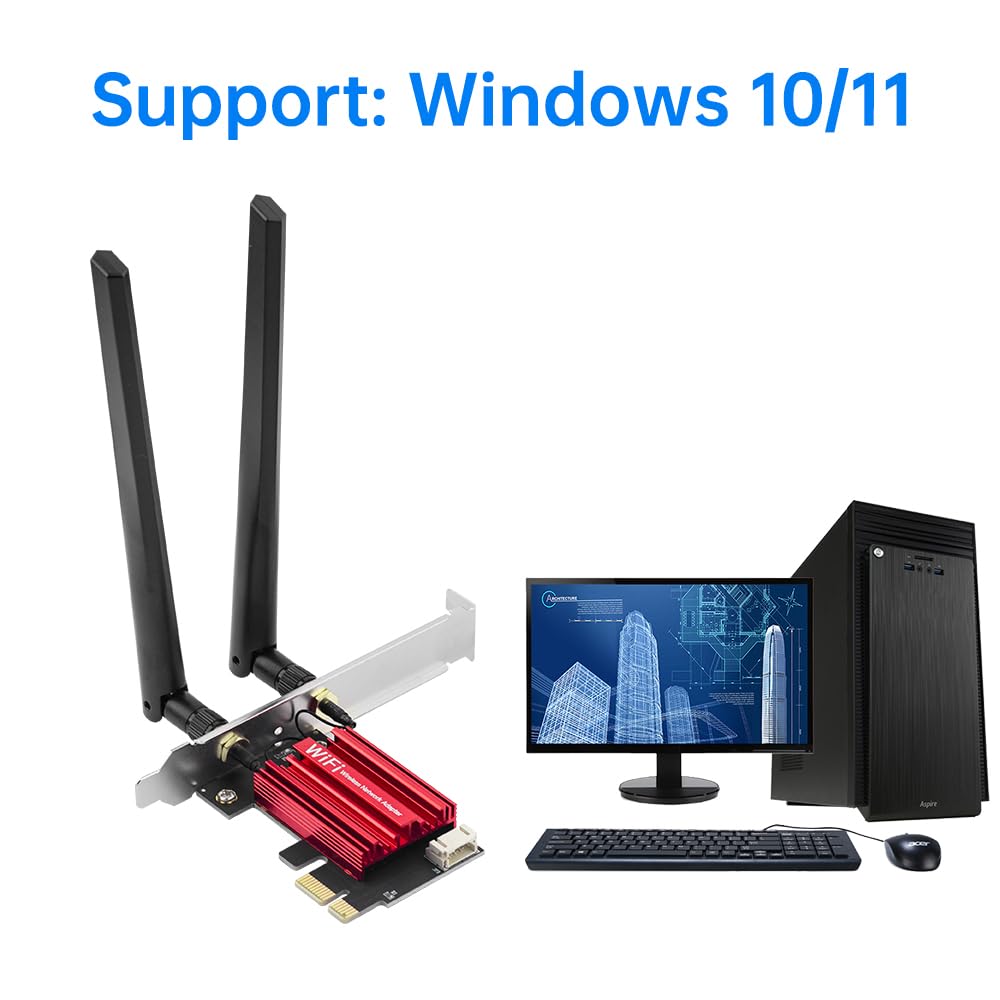 Tarjeta de red PCIe AC1200 de doble banda para escritorio con Bluetooth 5.1, compatible con Windows 10/11, transmisión de oficina para juegos, 2 antenas de alta ganancia