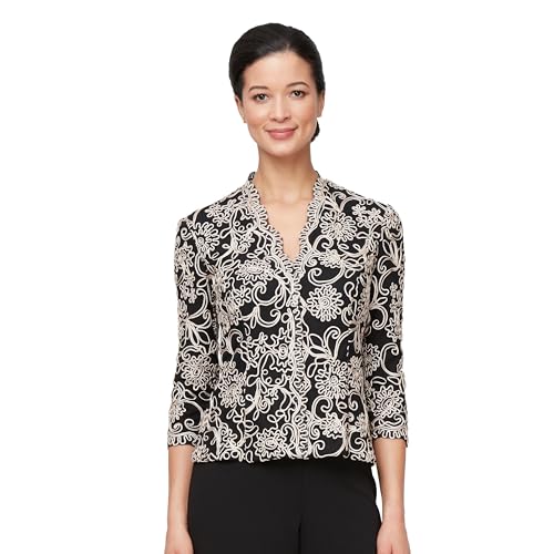 Alex Evenings Women's Stretch Embroidered Formal Event Blouse with Center Front Scallop Detail and Illusion Sleeves