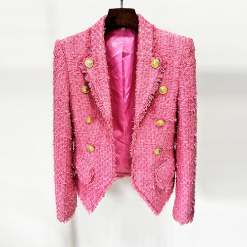 Women's 2024 Autumn Winter Fashion Tassel Slim Pink Tweed Office Blazer Coat Jacket, Vintage Solid2