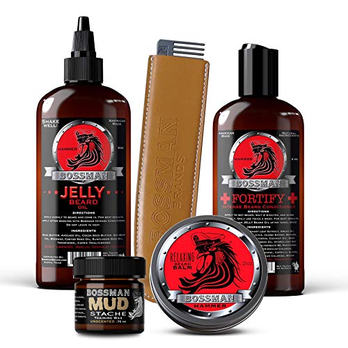Bossman Complete Beard Kit - Beard Oil, Conditioner, and Balm. Eliminate Beard Itch, Grower a Thicker, More Mature Beard (Hammer Scent)