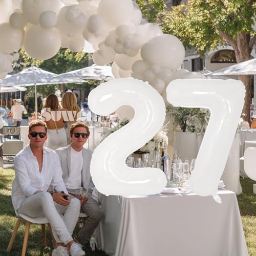 Image of SUWEN 40 Inch White Large 27 Balloon Numbers Big Foil Helium Number Balloons 0-9 Giant Jumbo Happy 27th Birthday Party Decorations for Men or Women Huge Mylar 72 Anniversary Party Supplies