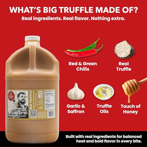 Image of CAPTAIN DEMO's BIG TRUFFLE Red Hot Pepper Sauce - 1 Gallon Bottle, Gourmet Hot Sauce Withb Black & White Truffle Oil, Garlic, Hot Honey Heat - Never Leave Home Without Capt'n Demo!