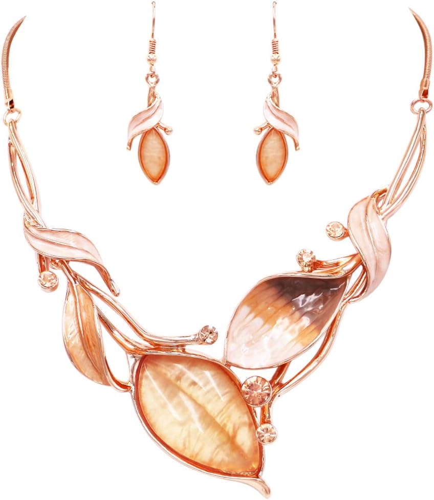 Rosemarie & Jubalee Women's Unbe leaf able Statement Enamel Crystal Resin 3D Leaf Necklace Earrings Set, 14"+3" Extender