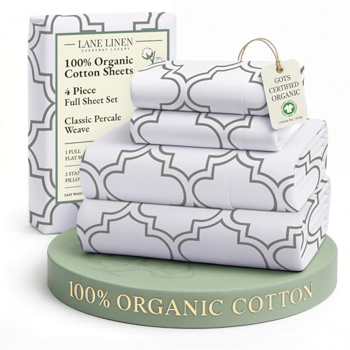 Image of LANE LINEN 100% Organic Cotton Full Sheets Set Fully Elasticized Naturally Temperature Regulating Mercerized Cotton Printed Full Bedding & Pillowcases Set - Trellis