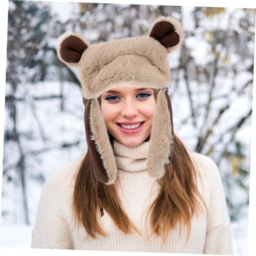 Adorable Bear Plush Earflap Hat for Winter Thick Thermal Beanie Ear Protection for Outdoor Activities and Hunting Unisex Design Coffee4