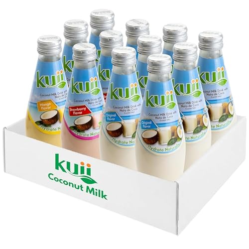 Kuii Coconut Milk Drink Variety Pack – 12 Count with Original Coconut, Strawberry & Mango Flavors – Refreshing Drinks with Nata de Coco for Fun & Fruity Tropical Hydration, 9.8 fl oz Bottles