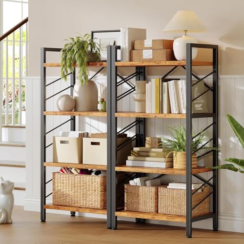 Image of DurayLoly 4 Tier Bookshelf for Narrow Space, Rustic Brown | Small Storage Shelves, Sidebars and Metal Frame