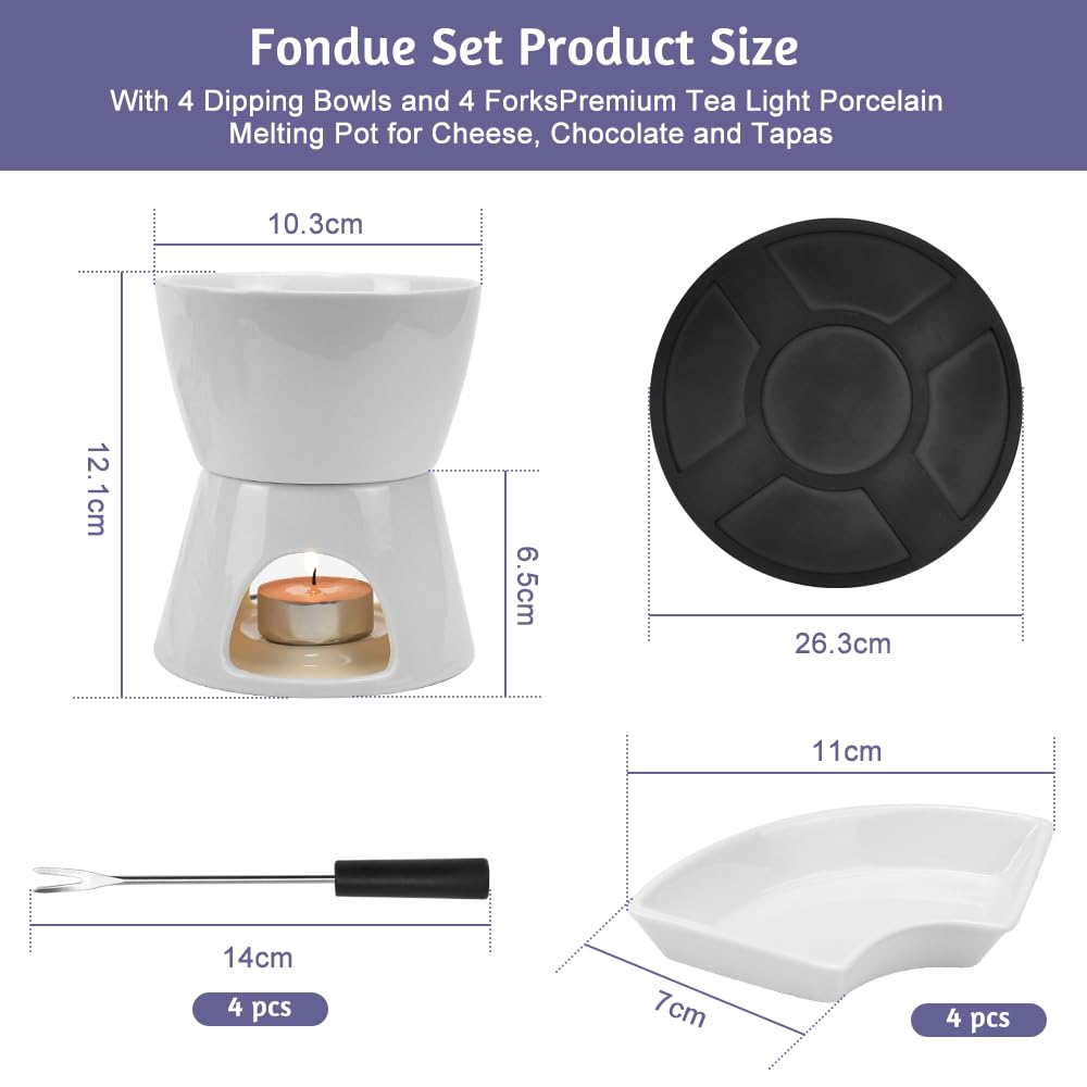 10 Pezzi Set di Fonduta Cioccolato in Ceramica Fonduta di Candele con 4 Fruttiere, 4 Forchette e Piatto Base Fonduta Formaggio Pentola Riscaldante per Cioccolato Utensili da Cucina - Bianca