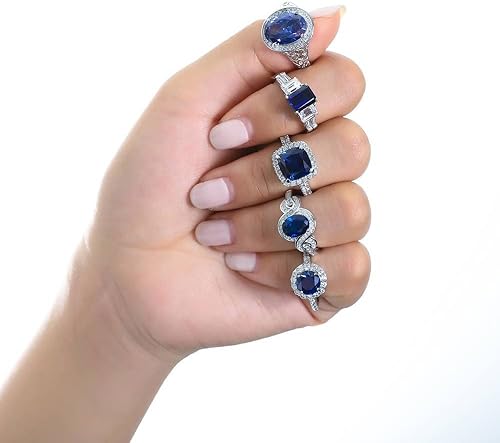 Vista 6 de BERRICLE Anillo de plata de ley con halo de zafiro azul simulado, corte de cojín de circonita cúbica y circonita cúbica para mujer, chapado