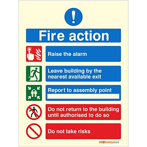 Raise The Alarm Glow In The Dark Fire Action Notice Sign 150mm x 200mm - Self Adhesive