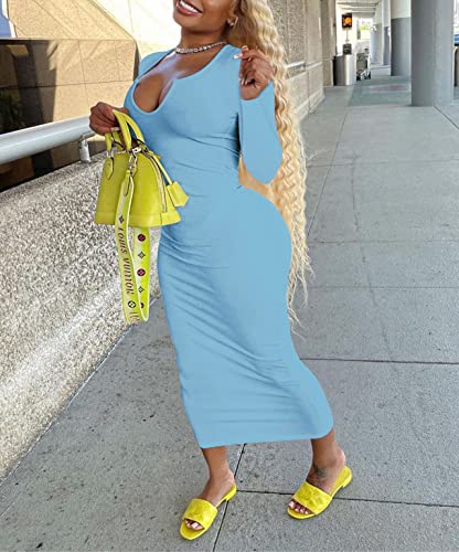 Image of Women Sexy Two Piece Skirt Outfits Long Sleeve /Sleeveless V Neck Bodycon Ribbed Knitted Maxi Club Party Dress
