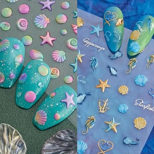 Iddfeve XRMJT_Z24_5D_HYBK5Z 5 Sheets 5D Embossed Seashell Starfish Nail Art Stickers, Self-Adhesive Marine Life Nail Decals, Summer Ocean Design Diy Decorations cover