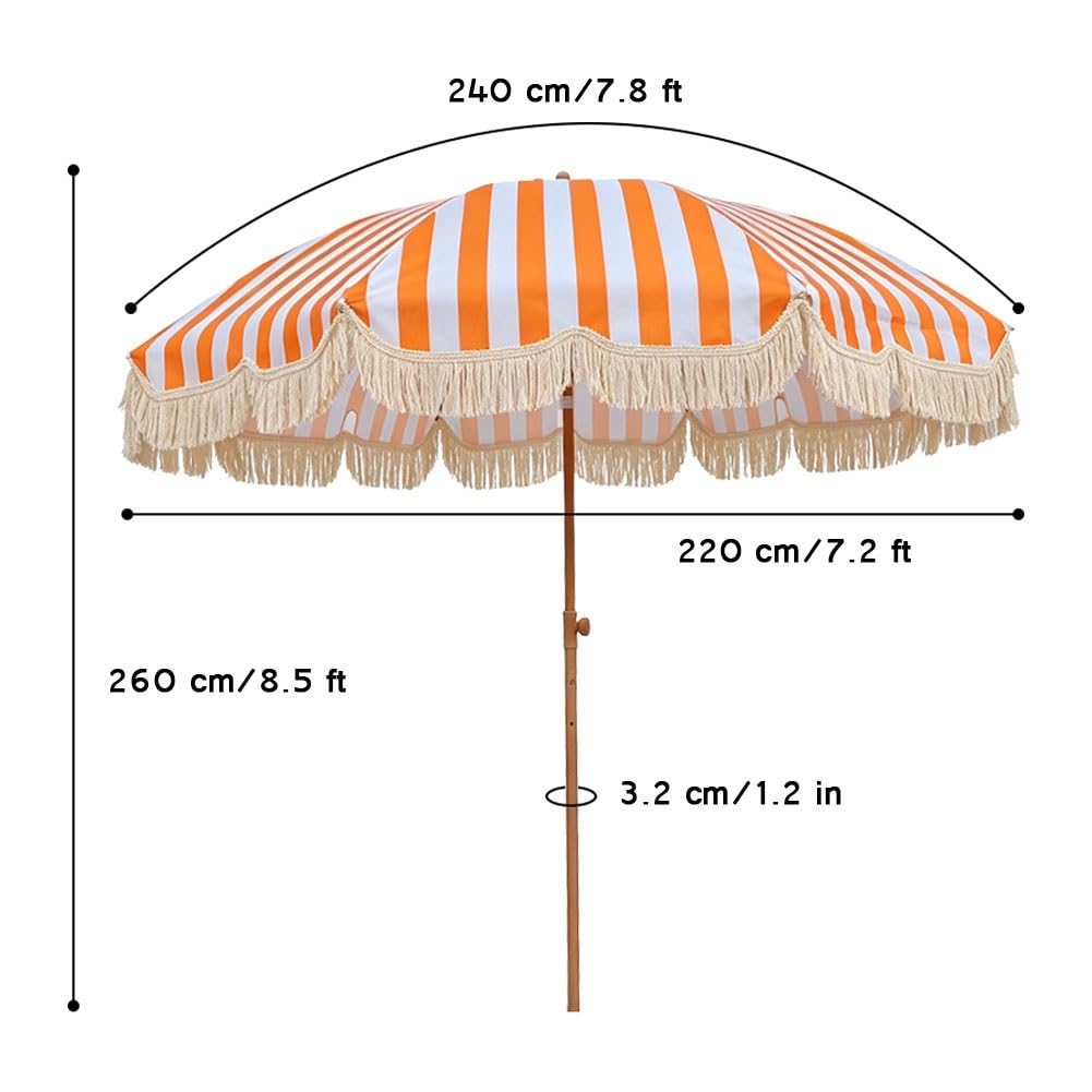 Sombrilla de Patio a Rayas con Borlas de 240 cm, Protección U-V Sombrilla Boho Inclinable para Playa, Piscina o Patio