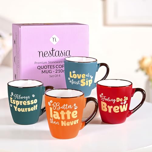 Image of Nestasia Ceramic Coffee Mugs Set of 4 (210ml Each) - Quirky Quotes Tea & Coffee Cups with Glossy Finish | Microwave & Dishwasher Safe Cups - Ideal for Gifting (Colourful)