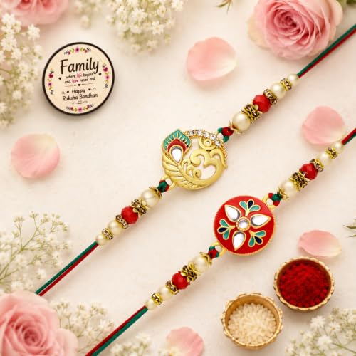 Image of Riddhika Ventures Glorious Gold Plated Auspicious Diamond Ring Rakhi || Traditional Rakhi Set of 2 & Festive Gift || Rakhi Gift Combo for Brother