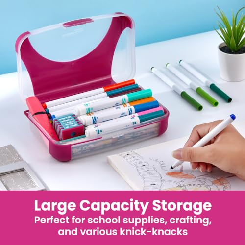 Image of LockerMate by Bostitch Hard Pencil Case, Durable Plastic Pencil Box, Kid-Friendly Design, Fuchsia & Clear