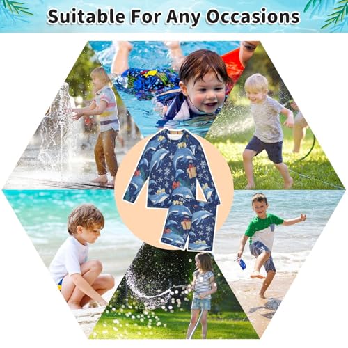 Xmas Dolphin Snowflake Boys Swimsuit Rash Guard Toddler Kids Long Sleeve Swim Shirt and Trunks Swimwear Set 3-10Y4