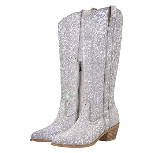 Richealnana Knee High Boots for Women Sparkle Rhinestones Clear Gems Calf High Shining Pull-On Boots