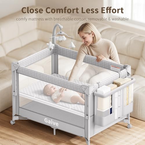Image of 4 in 1 Baby Bassinet, One-Push Setup Pack and Play, Bedside Crib Sleeper with 3 Height Adjustable,Diaper Changer, Come with Comfy Mattress, Rotating Toy Bar, from Infants to Toddlers (Grey)