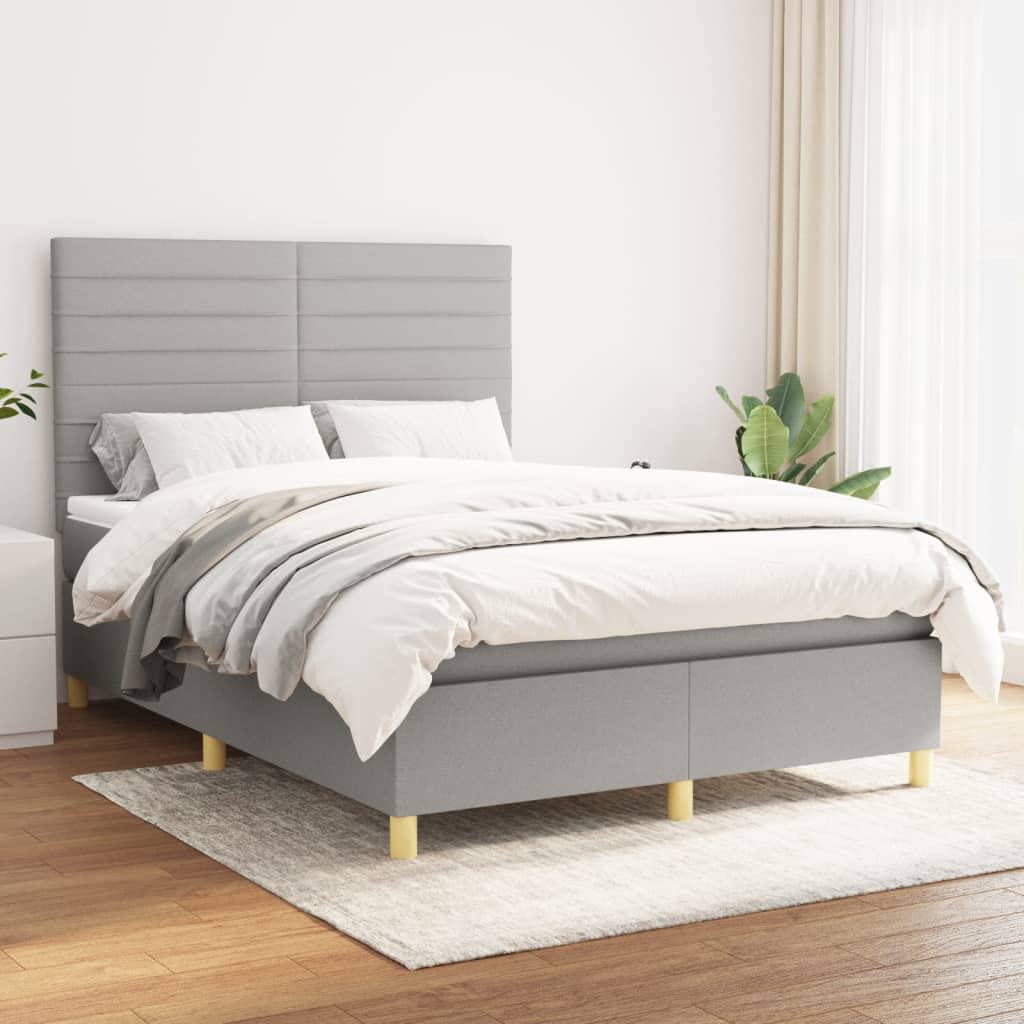 Cama con somier, gris claro, 140 x 200 cm, funda de tela, con colchón de muelles ensacados, cabecero regulable en altura, cómoda superficie de descanso para dormitorio